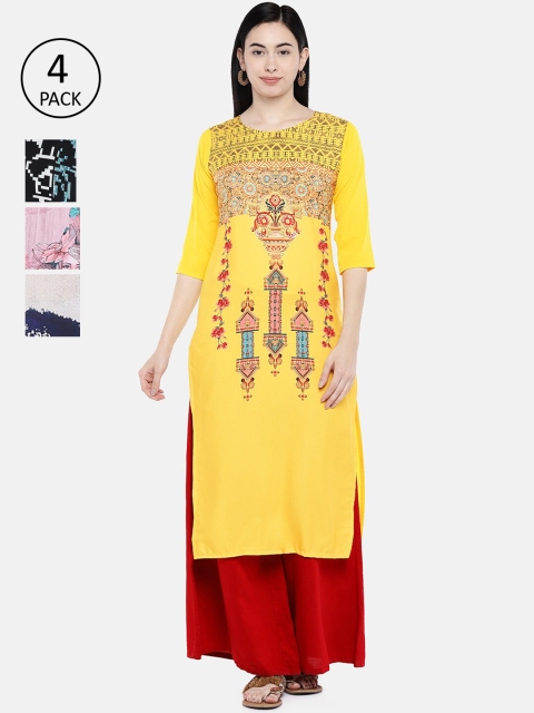

7Threads Women Pack of 4 Multicoloured Printed Straight Kurtas, Multi