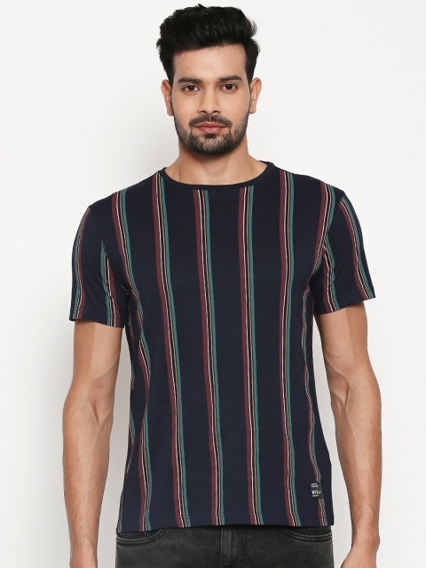 

People Men Navy Blue Striped Round Neck Pure Cotton T-shirt