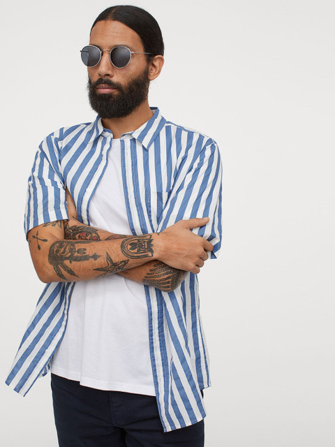 

H&M Men Blue & White Cotton Shirt Regular Fit