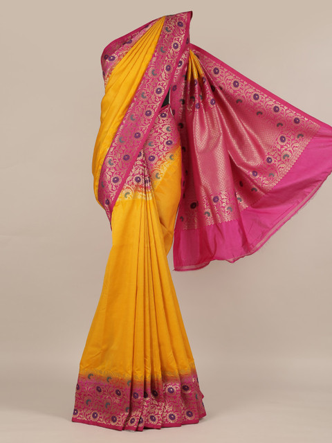 

Pothys Yellow & Pink Jute Silk Solid Saree