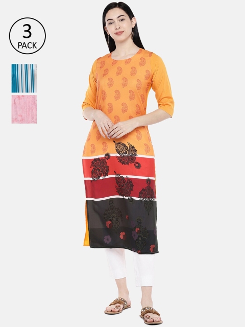 7Threads Women Pack of 3 Multicoloured Printed Straight Kurtas, Multi