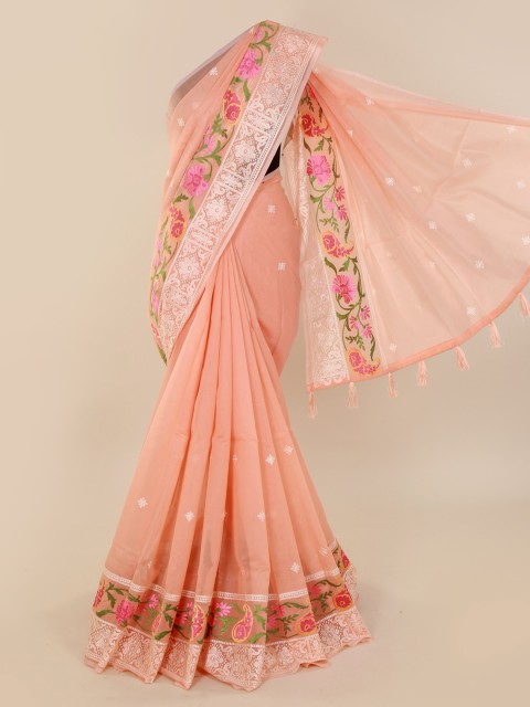 

Pothys Peach-Coloured Embroidered Cotton Blend Saree