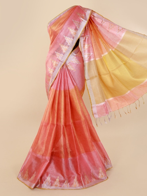

Pothys Peach-Coloured & Pink Linen Blend Colourblocked Saree