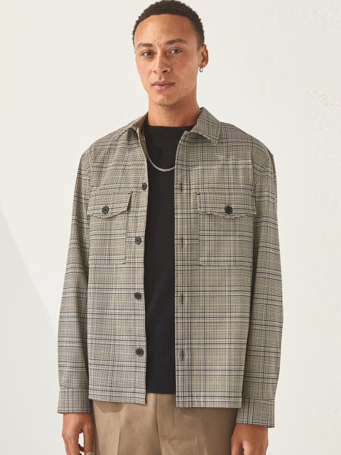 

H&M Men Beige & Black Checked Regular Fit Shirt Sustainable Jacket