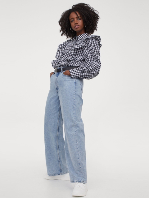 

H&M Women White & Black Checked Flounced Cotton Shirt