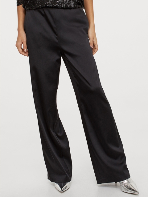 

H&M Women Black Solid Wide Satin Trousers