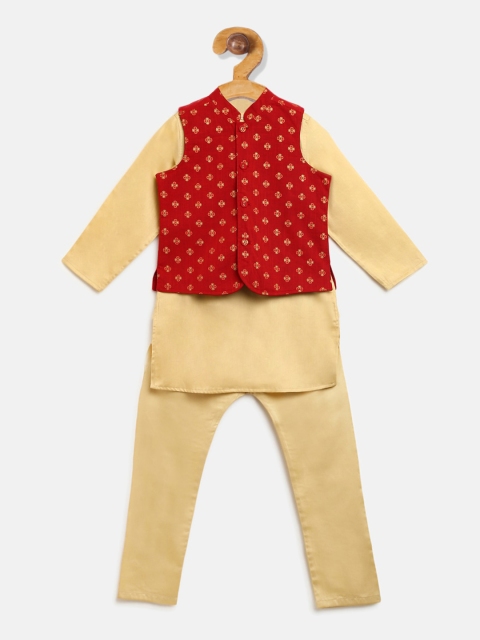 

Campana Boys Red & Gold-Toned Solid Kurta with Pyjamas & Nehru Jacket