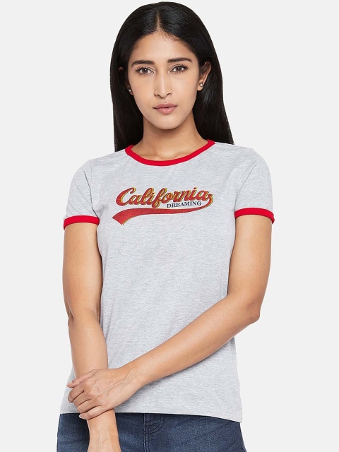 Honey by Pantaloons Women Grey Melange Printed Round Neck T-shirt