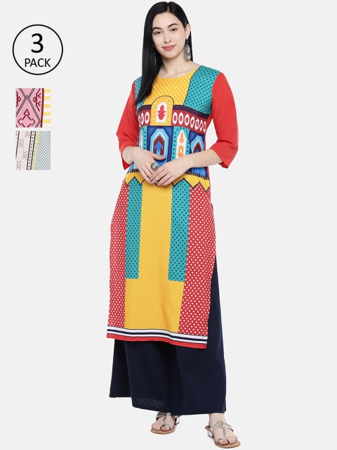 

7Threads Women Pack of 3 Multicoloured Printed Straight Kurtas, Multi