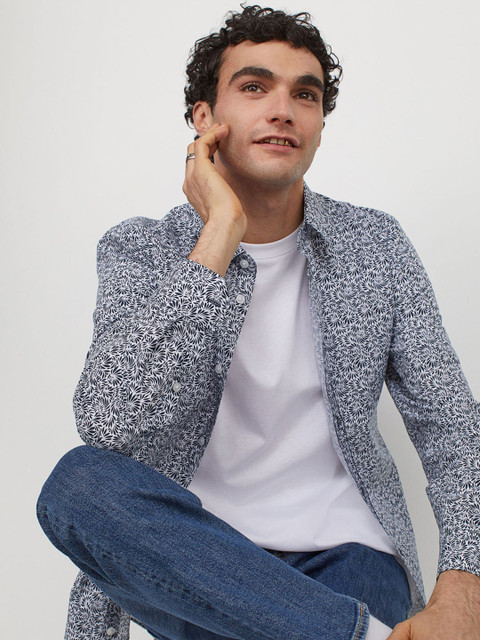 

H&M Men Navy Blue & White Printed Slim Fit Easy-Iron Shirt