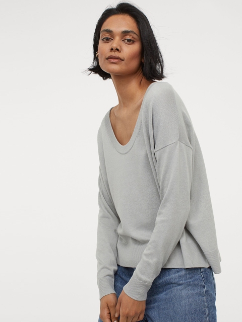 

H&M Women Grey Solid Fine-Knit Jumper