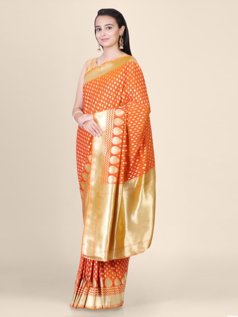 

Hastakala Orange & Gold-Toned Pure Silk Woven Design Handloom Banarasi Saree