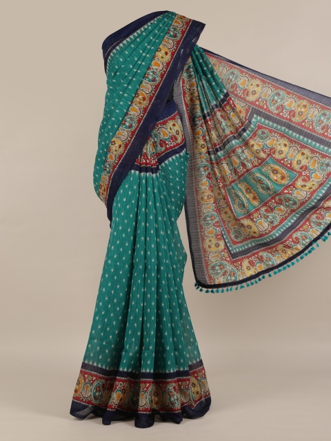 

Pothys Green & Navy Blue Jute Silk Printed Saree