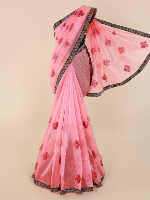 

Pothys Pink & Grey Supernet Embroidered Saree