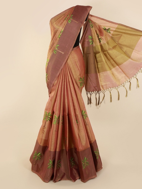 

Pothys Copper-Toned & Green Tissue Embroidered Saree