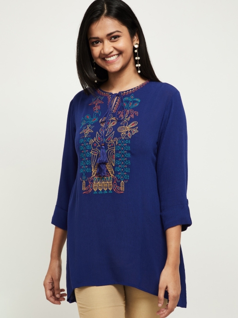 

max Women Blue & Yellow Embroidered Tunic