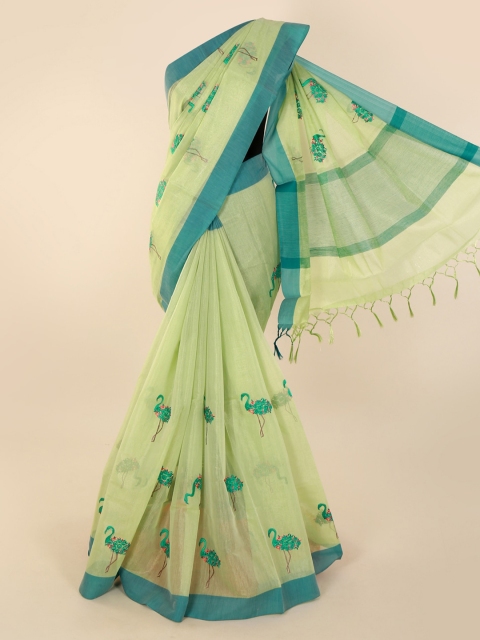 

Pothys Lime Green & Blue Tissue Embroidered Saree
