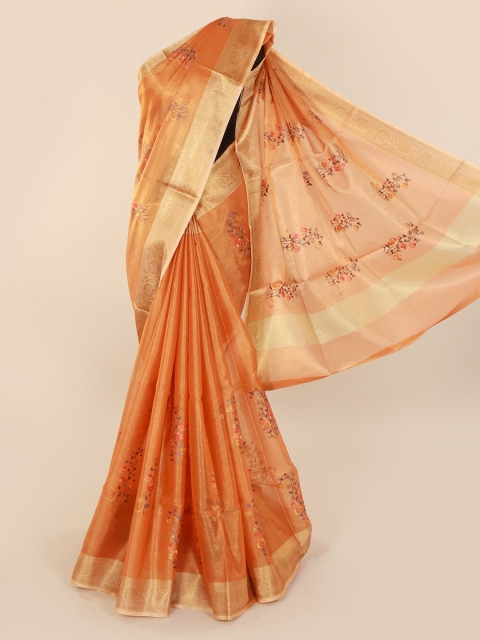 

Pothys Orange & Gold-Toned Tissue Embroidered Saree