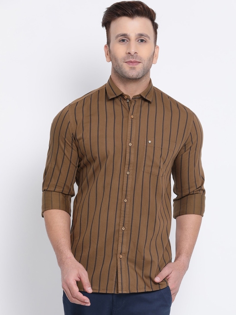 Turtle Men Brown & Black Slim Fit Striped Casual Shirt