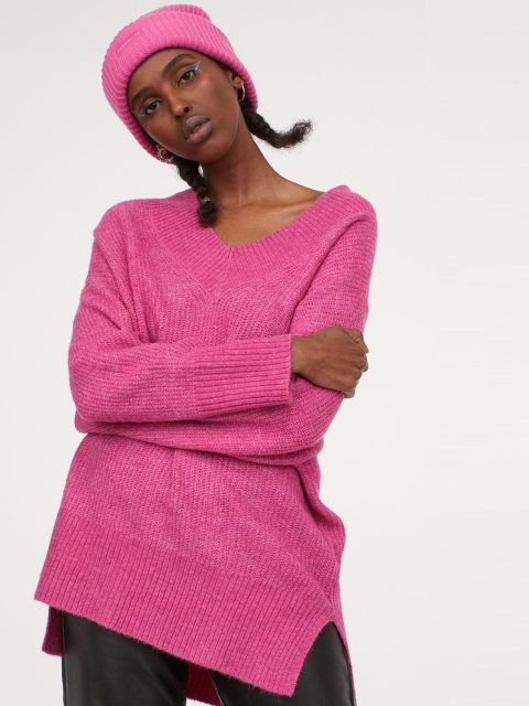 

H&M Women Pink Solid V-Neck Wool-Blend Jumper