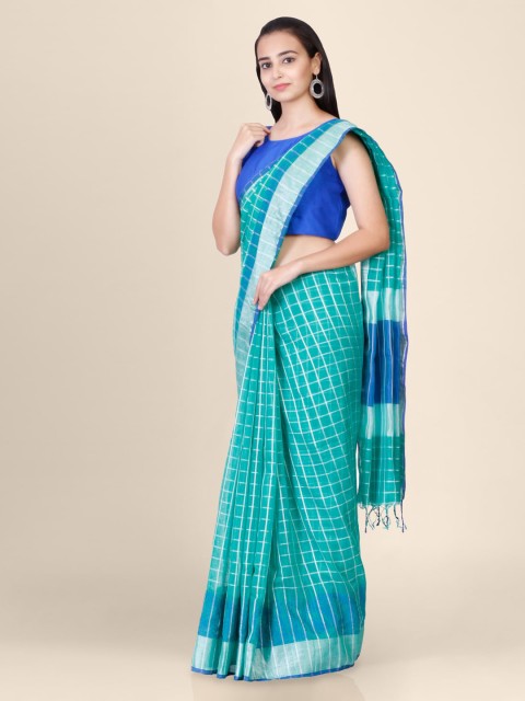 Hastakala Sea Green Jute Silk Checked Handloom Kota Saree