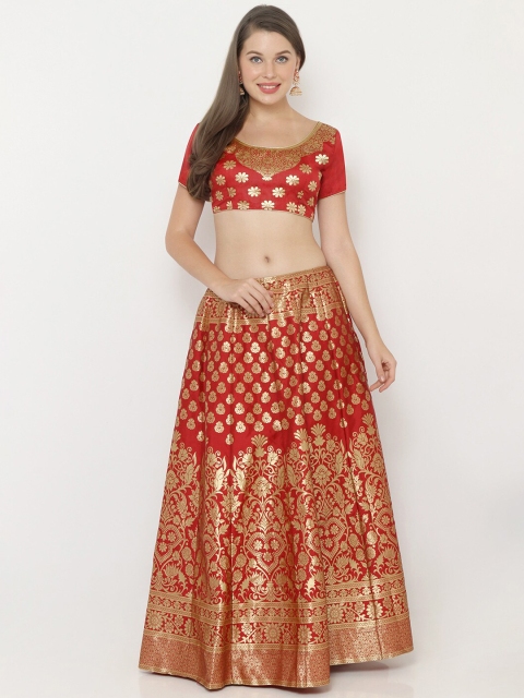 

SALWAR STUDIO Women Red & Gold-Coloured Woven Design Semi-Stitched Lehenga & Unstitched Blouse