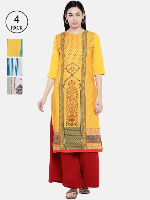 7Threads Women Pack of 4 Multicoloured Printed Straight Kurtas, Multi