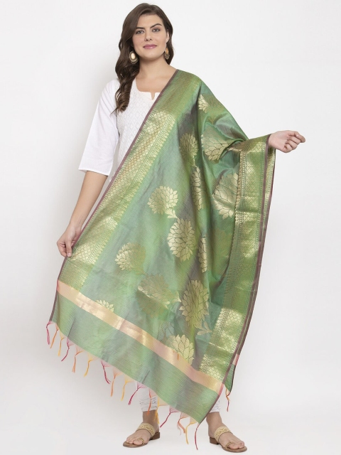 

LOOM LEGACY Women Green & Gold-Colour Woven-Design Banarsi Jacquard Dupatta