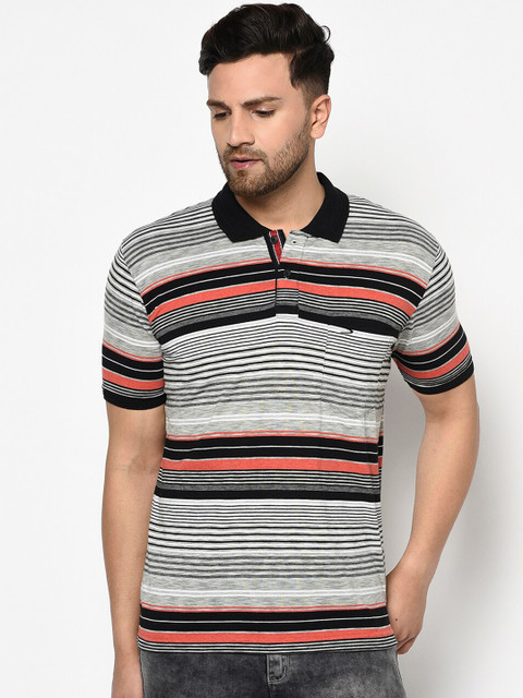 

Duke Men Grey Striped Polo Collar T-shirt
