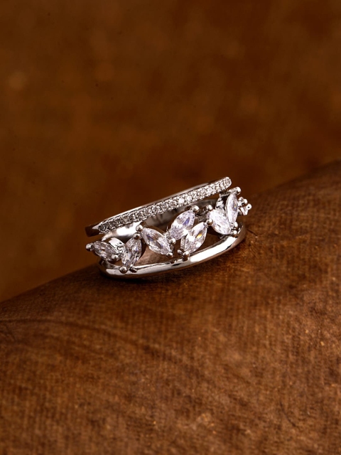 

Voylla Silver-Plated & White CZ-Studded Polki Inspired Finger Ring