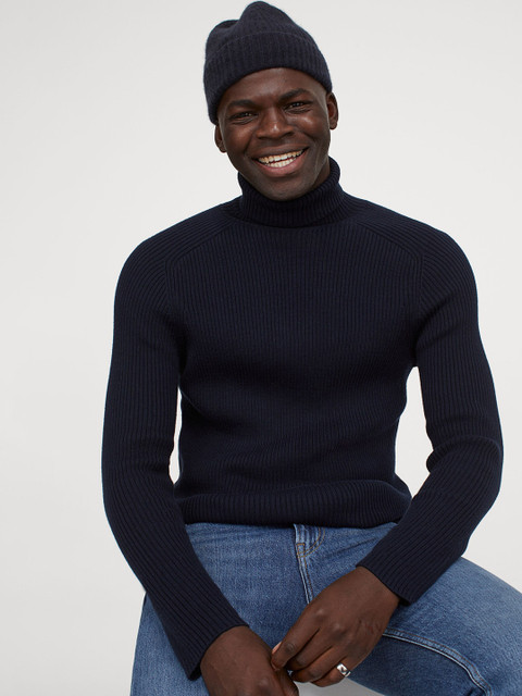 

H&M Men Navy Blue Polo-Neck Jumper Muscle Fit