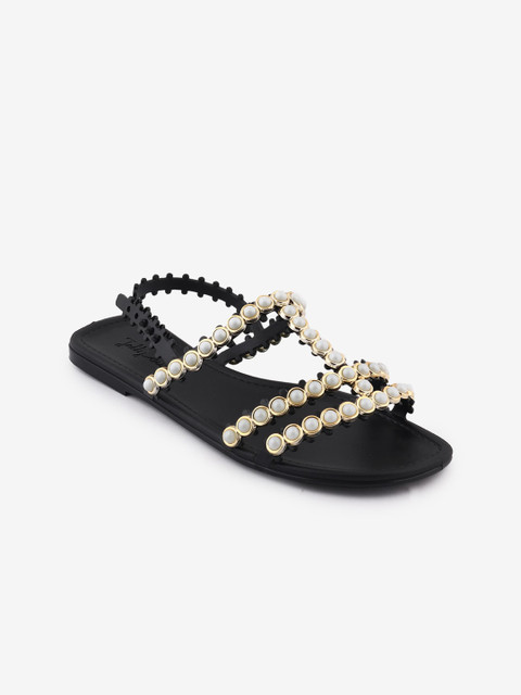 

Jelly Bunny Women Black & Off-White Embellished Open Toe Flats