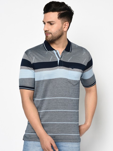 

Duke Men Grey Striped Polo Collar Cotton T-shirt