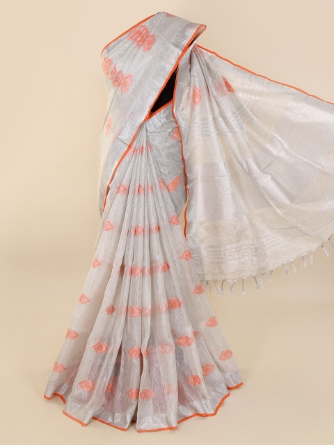 

Pothys Silver-Toned & Peach-Coloured Linen Blend Woven Design Saree