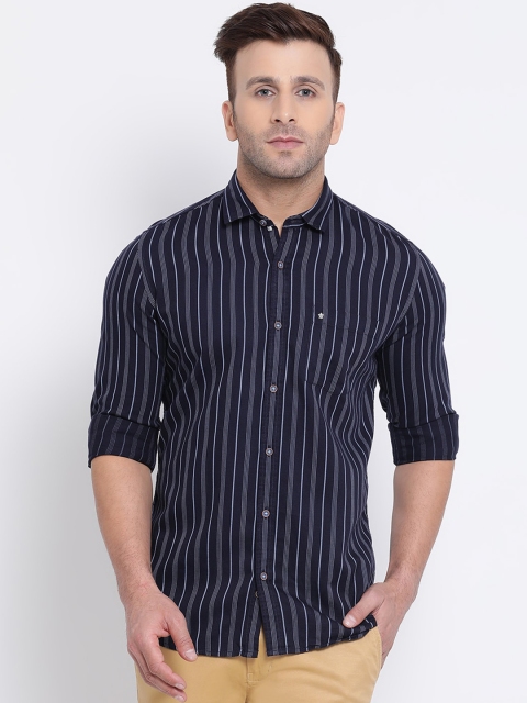 

Turtle Men Navy Blue Slim Fit Striped Casual Shirt