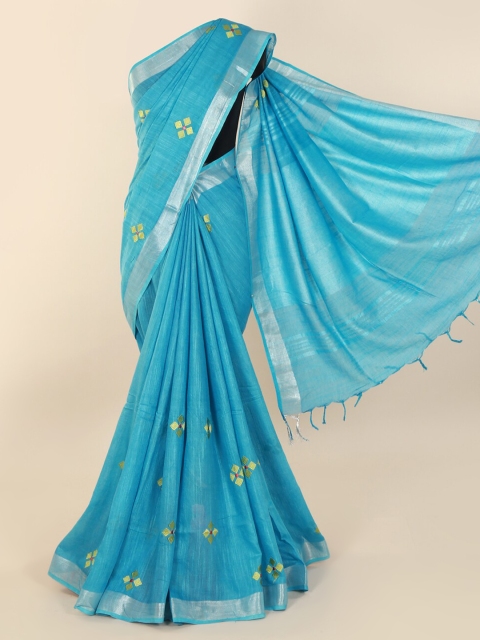 

Pothys Blue Embroidered Linen Blend Saree