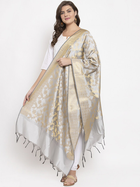 

LOOM LEGACY Women Grey & Gold-Colour Woven-Design Banarsi Jacquard Dupatta