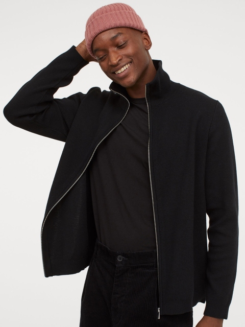 

H&M Men Black Solid Zip-Up Cardigan