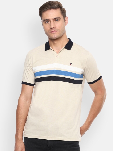

Louis Philippe Sport Men Cream-Coloured Striped Polo Collar Cotton T-shirt