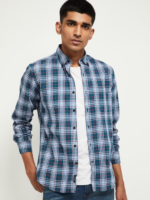 

max Men Blue & White Slim Fit Checked Casual Shirt