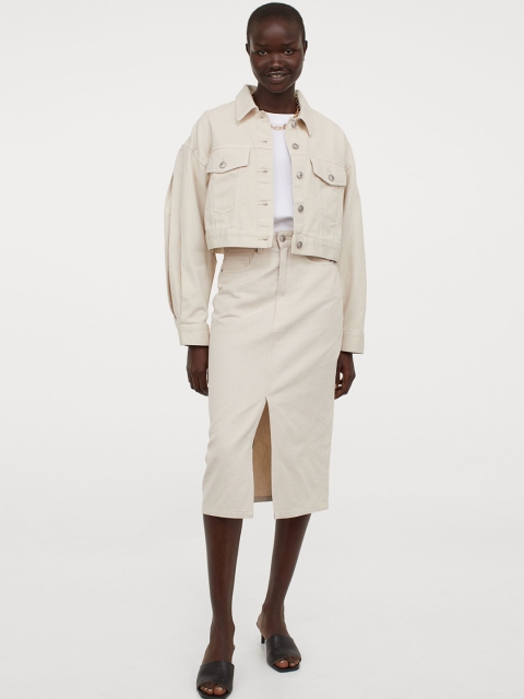 

H&M Women Beige Solid Twill Pencil Skirt