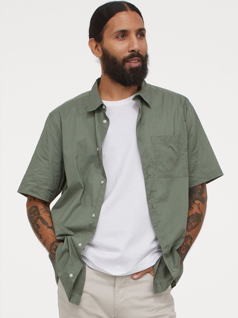 

H&M Men Green Solid Cotton Shirt Regular Fit