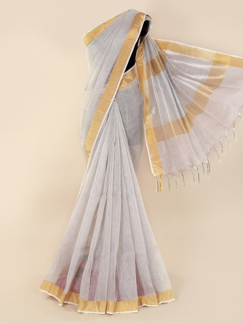 

Pothys Silver-Toned Solid Linen Blend Saree