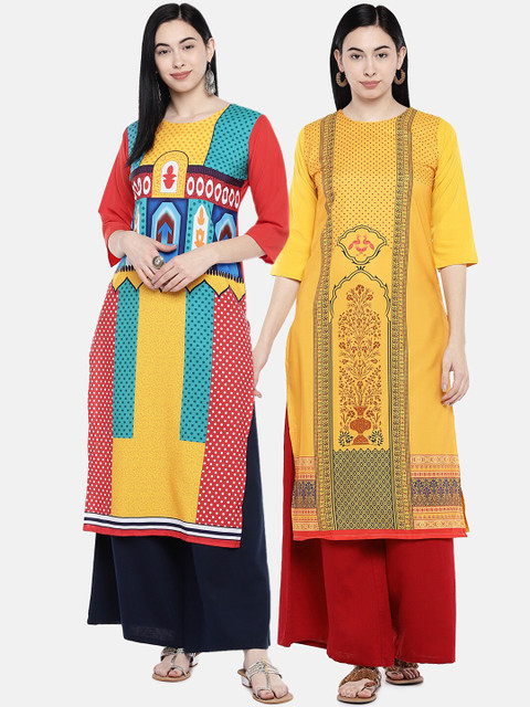 

7Threads Women Pack of 2 Multicoloured Printed Straight Kurtas, Multi