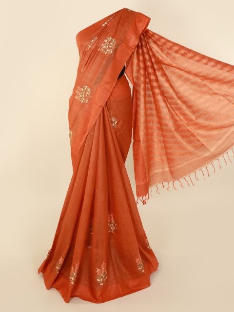 

Pothys Orange & Gold-Toned Linen Blend Embroidered Saree
