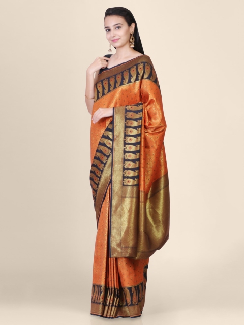 

Hastakala Orange Pure Silk Printed Handloom Banarasi Saree