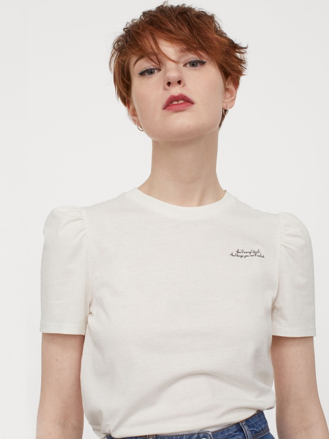 H&M Women White Solid Puff-Sleeved Top