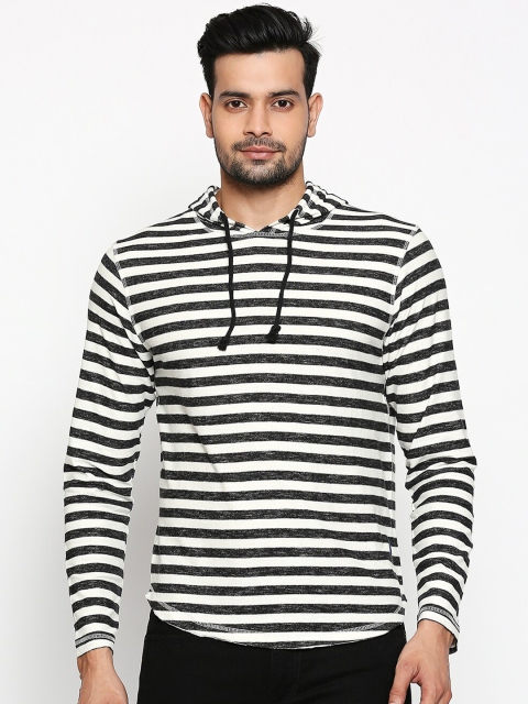 

People Men Black Striped Hood Pure Cotton T-shirt