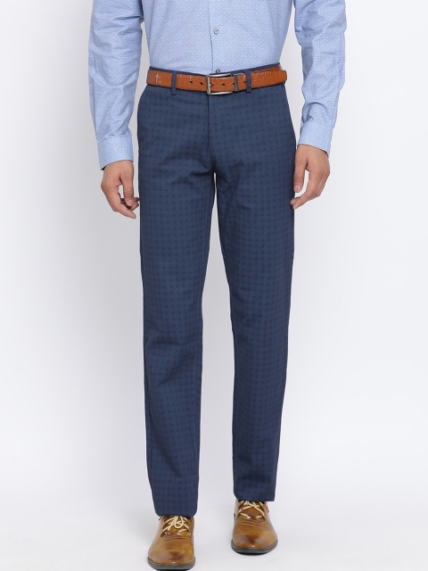 

Turtle Men Navy Blue Slim Fit Checked Formal Trousers