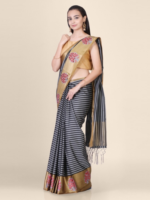 

Hastakala Black & Gold-Toned Silk Blend Striped Handloom Mysore Silk Saree